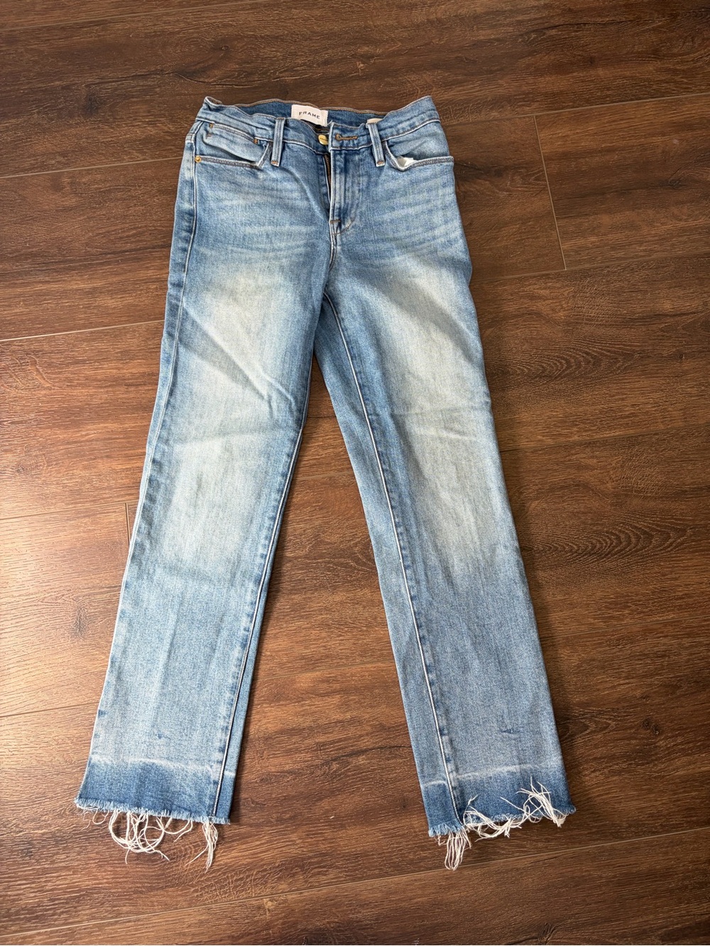 Frame Denim Light Blue Straight-Leg Jeans with Raw Hem